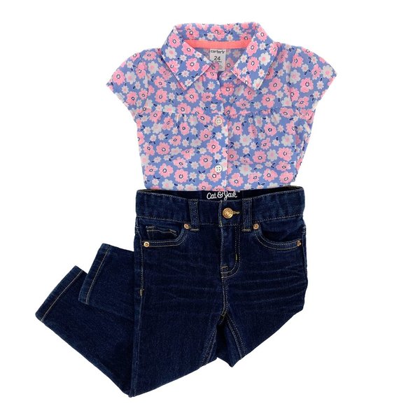 CARTER'S Light Blue Pink Floral Top Size 24 MOS + CAT & JACK Skinny Jeans 2T - Picture 1 of 16